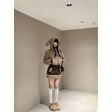 Vevesc New Fashion Winter High Street Warm Faux Fur Coats American Y2k Aesthetic Constrast Color Spliced Skirts Girl 2 Piece Sets