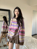 Vevesc Vintage Rainbow Striped Sweater Women Y2K Korean Style Oversize Pullover Knitted Tops Jerseys Egirl Kpop Casual Jumper
