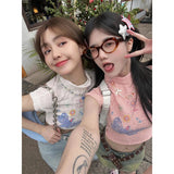 Vevesc Y2K 2000S Print T-Shirts Women Harajuku Pink White Half High Collar Crop Tops Summer Streetwear Korean Sleeveless Tees New