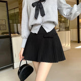 Vevesc Preppy Style Pleated Skirt Women Sweet Bow Kawaii Woolen Skirt Korean Style Autumn Winter Solid Aesthetics Mini Skirts