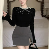 Vevesc French High End Heavy Pearl O Neck Long Flare Sleeve Shirts Autumn All Match Vintage Punk Women Clothes Y2k Aesthetic Pullover
