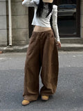 Vevesc Brown Womens Jeans High Waist Vintage Design Hip Hop Straight Baggy Denim Pants Street Y2K American Style Wide Leg Denim Trouser