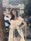 Vevesc Sexy Off Shoulder Ruffles Dress for Women 2024 Summer New Sun Protection Dresses Y2k E-Girl Slim Waist Mid-length Vestidos