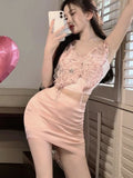 Vevesc Butterfly Vintage Elegant Two Piece Set Women Lace Korean Sexy Mini Skirts Suit Female Chic Pink Vest + Designer Skirt New