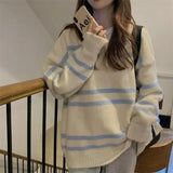 Vevesc Preppy Style V Neck Striped Pullovers Sueter Mujer   Sweet Contrast Color Korean Women Sweaters Y2k Casual Chic