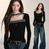 Vevesc Slim Fit Women Korean Gray Knitted T-shirts Contrast Color Camisetas Square Collar Y2k Elegant Black Tees Patchwork Long Sleeve