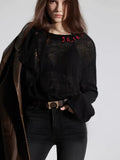 Vevesc Gothic Black Women Sweaters Sexy Hollow Out Grunge Y2k Knitwears See Through Long Sleeve Loose Goth Aesthetic Jumpers