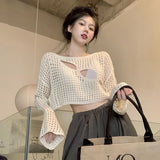 Vevesc Y2K Sheer Crop Sweater Women Sexy Hollow Out Long Sleeve Crochet Pullovers Vintage Streetwear Loose Casual Sunscreen Tops