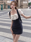 Vevesc Korean Fashion Kawaii Two Piece Set Women Bow Elegant Party Mini Skirt Set Female Casual Tops + Vintage Bodycon Skirt Suit