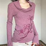 Vevesc High End Spring Autumn Slash Neck High Street Shirts Exquisite Flower Embroidery All Match Temperament Clothes Y2k French Tops