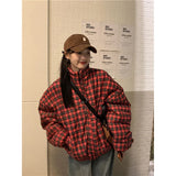 Vevesc Winter Short Plaid Parkas Women Vintage Oversized Down Coats Streetwear Cropped Puffer Jacket Korean Cotton Padded Outwear