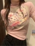 Vevesc Sweet Yellow Short Sleeved T-shirt for Women 2024 Summer Fashion Slim Fit Tee Shirt Y2k Grunge O-neck Kawaii Cat Print Tops