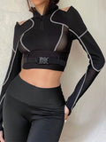 Vevesc Grunge Patchwork Gauze Harajuku Crop Tops Women Y2k Aesthetic Zipper Slim Fit Tees Streetwear Vintage Fairy Hollow Out T-shirts