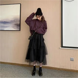 Vevesc Sweet Tulle Midi Skirt Women Streetwear Bow Mesh Pleated S Korean Fashion Elegant High Waist Black A Line New