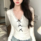 Vevesc Korean Style Sweet T-Shirts Women Sexy Bow Lace Patchwork Tops Coquette V-neck Slim Long Sleeve T-Shirts Aesthetics