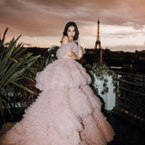 Vevesc Beautiful Light Pink Fluffy Tiered Tulle Bridal Dresses Voluminous Tulle Maxi Gowns Romantic Wedding Gowns