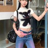 Vevesc Fashion Popular Korean Simple Cute Print O Neck Short Sleeve T Shirts Summer Harajuku Office Lady Girl Clothes Y2k Punk Tees