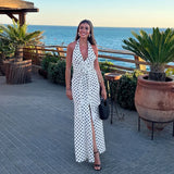 Vevesc  Polka Dot Floral Long Dress Women Fashion Sleeveless Neck Slit Spring Party Evening Dress Female High Waist Dress 2025