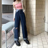 Vevesc Hot Girl  High Waist Baggy Jeans Woman Hole Vintage Streetwear Hip-hop Stylish Wide Leg Trouser Female Daily All-match Trendy