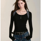 Vevesc Slim Fit Women Korean Gray Knitted T-shirts Contrast Color Camisetas Square Collar Y2k Elegant Black Tees Patchwork Long Sleeve