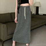 Vevesc Oversize Mid-length Loose Dress For Women Y2k Grunge High Waist Drawstring Skirts 2024 Summer New Striped Faldas Mujer