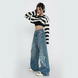 Vevesc Vintage Blue Star Jeans Women Y2K Harajuku Streetwear Baggy Wide Leg Denim Pants Korean High Waist Casual Straight Leg Trousers