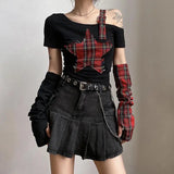 Vevesc Sexy American Punk Constrast Color Lrregular Off The Shoulder Harajuku Shirts American Plaid with Sleeve Design Tops Y2k Clothes