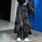 Vevesc American Gothic Streetwear Loose Denim Pant Y2k Aesthetic Vintage Hole Lrregular Baggy Wide Leg Trousers Harajuku Tassel Pants