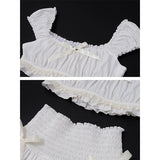 Vevesc White Pleated Skirts Two Piece Sets Women Sexy Puff Sleeve Cropped Tops And Mini Skirts Suits Summer Party Dress Set