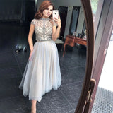 Vevesc Grey O Neck Short Sleeves Evening Prom Dresses Customized Best Price A Line Beaded Midi Party Gowns With