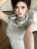 Vevesc 2024 Letter Rhinestones Short Sleeve T-shirts Half High Collar Basic Vintage Cropped Tops Women Y2k Aesthetic Slim Harajuku Tees