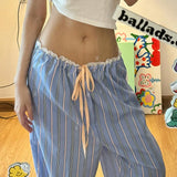 Vevesc Sweet Cute Striped Wide Leg Pants Holiday Basic Patchwork Lace Drawstring Pants Women 2024 Summer Fashion Sttreetwear