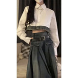 Vevesc Korean Simple Lapel Neck White Long Sleeve Shirts Women+ Y2k E-Girl High Waist Denim Skirts 2024 Autumn New Two Piece Sets