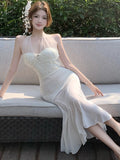 Vevesc  Summer White Mesh Patchwork Ruffled Mermaid Dress Women Elegant Diamonds Neck-mounted Sexy Dress 2025 Korean Luxury Party Dress