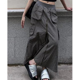 Vevesc Streetwear Cargo Skirts Women Y2K Vintage Pockets A Line Skirt Harajuku Korean High Waist Slit Zipper Casual Chic Skirts