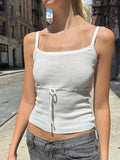 Vevesc  Drawstring White Knitted Tank Top for Woman Sleeveless Elastic Cotton Thin Vest Sweet Cute Simple Lace-up Y2k Crop Tops Summer