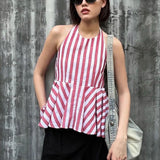 Vevesc Vintage Backless Halter Neck Camis Women Fashion Y2K Striped Sleeveless Ruffle Peplum Vest Sexy Open Back Loose Fit Tank Tops