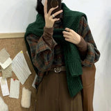 Vevesc Vintage Plaid Shirt Women Harajuku Retro Long Sleeve Oversized Blouse Korean Streetwear Turn Down Collar Loose Casual Tops
