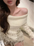 Vevesc Elegant High End Slash Neck Korean Office Lady Pullovers Knitted Hollow Out Tassel All Match Lazy Jumpers Y2k Girl Clothes