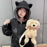 Vevesc Suncultural Japanese Harajuku Office Lady Sweatshirts Y2k Aesthetic Sweet Cute Cat Embroidery Cardigan Front Pocket Clothes