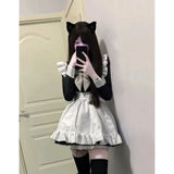 Vevesc Lolita Kawaii Sweet Sailor Collar Bow Long Sleeve Dress for Women+ Y2k E-Girl Ruffles Slim Waist Apron Autumn Two Piece Setas