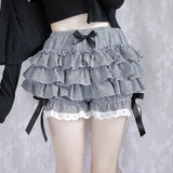 Vevesc Japanese Lolita Gray Plaid Ruched Cake Skirts Y2k E-Girl High Waist Bow Shorts 2024 Summer New Korean Fashion Clothing