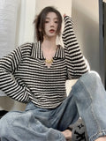 Vevesc Women Black Striped Pullover Knitted Sweater 90s Aesthetic Harajuku Long Sleeve Mohair Sweater Y2k 2000s Vintage Fashion Clothes