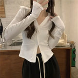 Vevesc Long Sleeve Gray Camisetas Slim Waist Women Bottoming V Neck Irregular Cross Tees Y2k Korean Casual Streetwear Tshirts