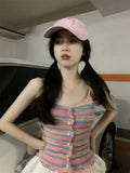 Vevesc Button Striped Crop Top Korean Vintage Women Slim Chic Kawaii Tanks Y2k Aesthetic Harajuku Streetwear Camisoles