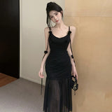 Vevesc  Sexy 3D Flowers Suspender Party Dress Women Sleeveless High Waist Slim Folds Mesh Mid Length Evening Dresses Elegant