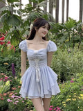 Vevesc Summer Bule Sweet Kawaii Dress Women Strappy Elegant Fashion Party Mini Dress Female Ruffle Flounce Korean Casual Dress New