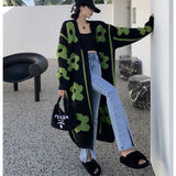 Vevesc Streetwear Long Knitted Cardigan Women Flower Print Sweater Coat Harajuku Oversized Knitwear Korean Jumpers Outerwear Tops