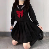 Vevesc Japanese School Uniform Girls Jk Suit Red Tie Black Oversized Patchwork Basic Sailor Uniform Women Long Sleeve Suit