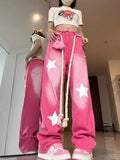 Vevesc American Retro Pink Star Jeans For Women 2024 Summer New Straight Denim Trousers Y2k E-Girl Loose Wide Leg Pants Mujer